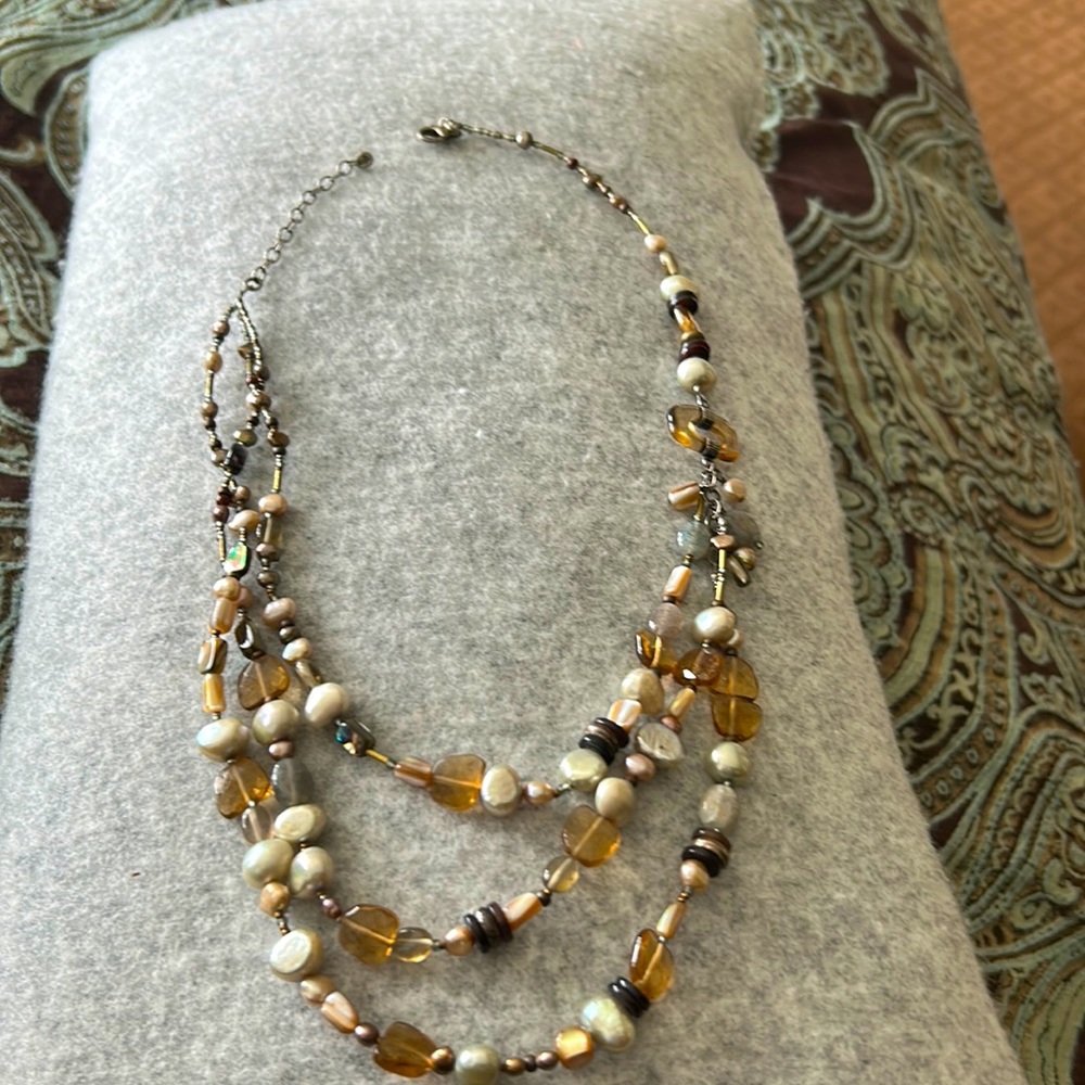 Amber, gray, pearl and silver toned necklace